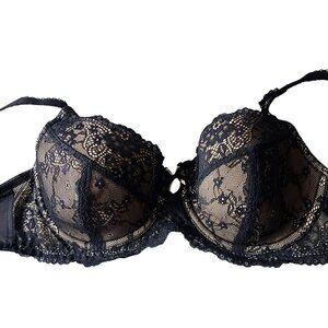 Jones New York Black Lace Underwire Bra Sheer Floral Design Lightly Padded Cups